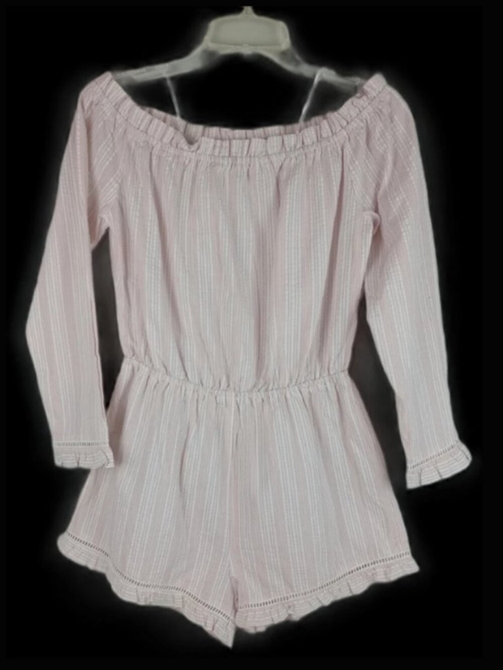 Romeo + Juliet Couture Women M Pink White Striped 3/4 Sleeve Off Shoulder Romper